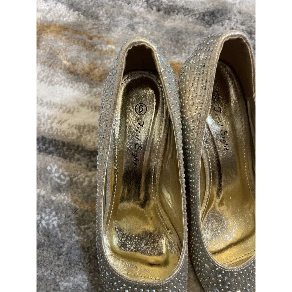 First Sight Gold Rhinestone Wedge Heels Womens 6 Open Toe Party Wedding Shoes